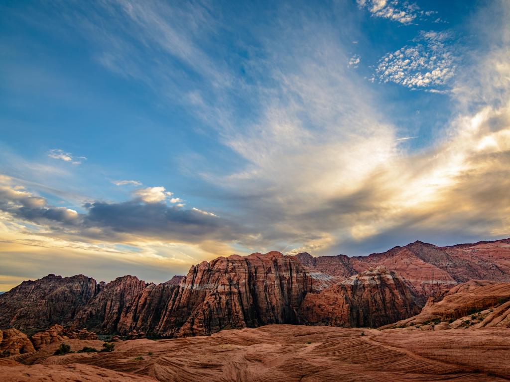 Snow Canyon State Park, Utah with dramatic clouds cover the sky over the mountains in St. George, Utah.