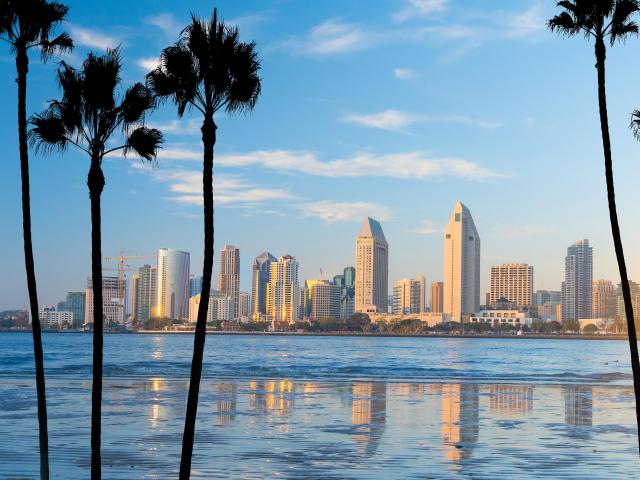 Tall buildings reflecting in blue water with setting sun and silhouetted palm trees
