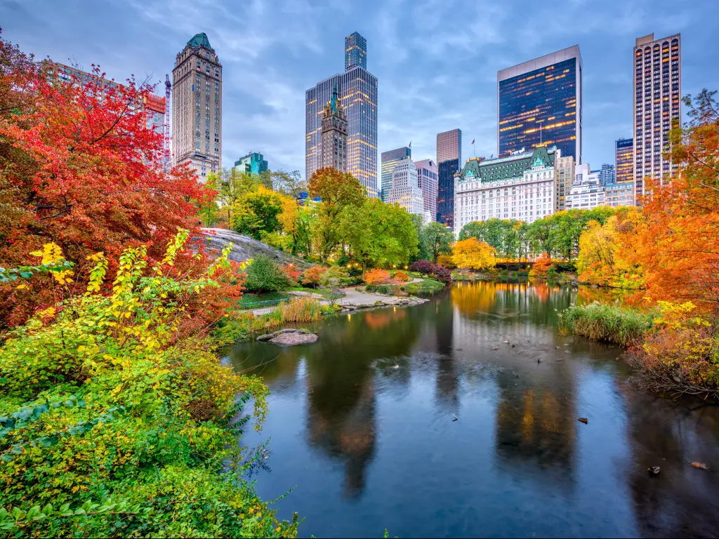 Central Park, New York City, USA during autumn with a lake in the foreground and city skyline in the distance.