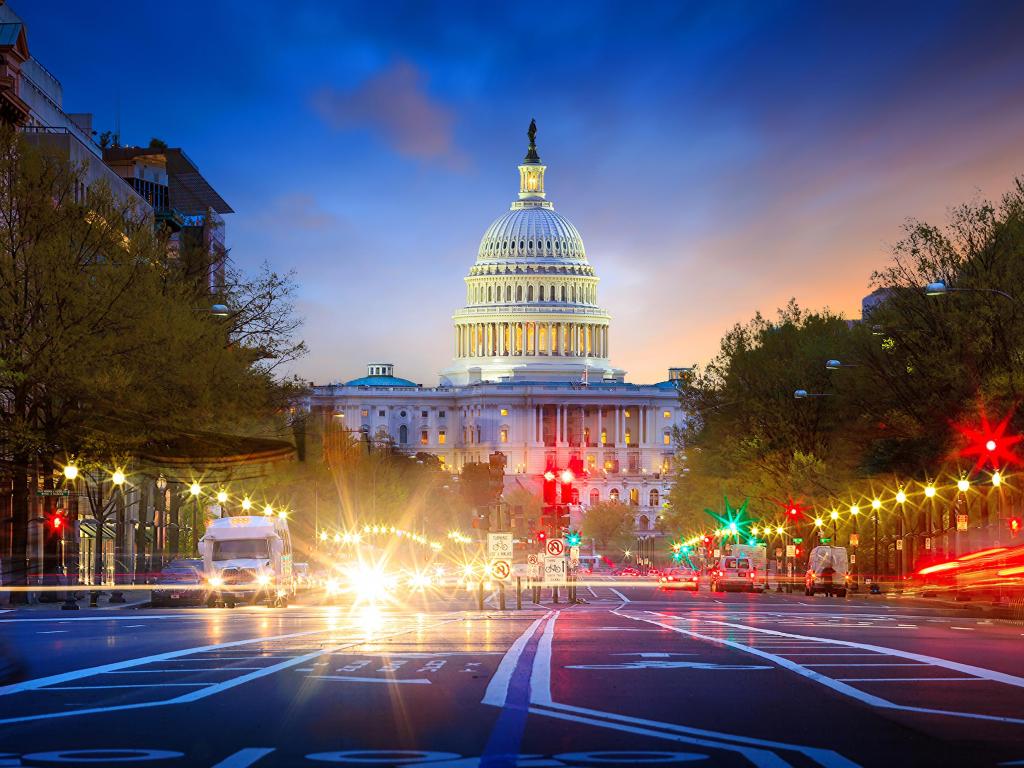 The United States Capitol building in Washington DC at twilight