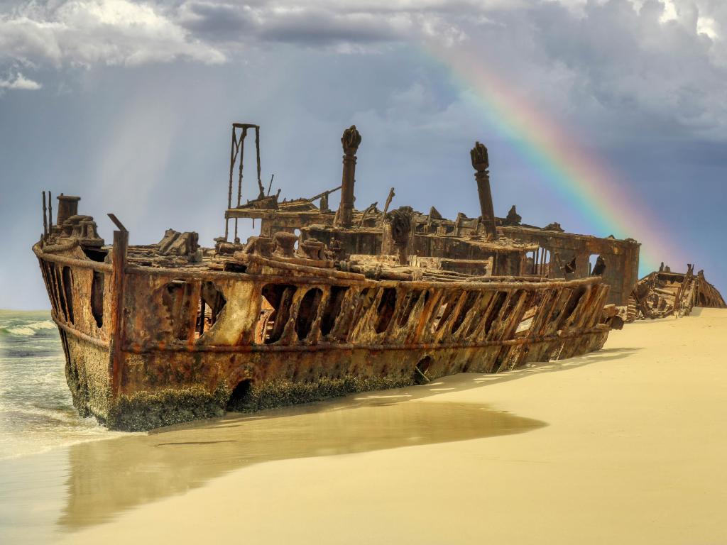 The Maheno was washed ashore on to Fraser Island by a cyclone in 1935 where the disintegrating wreck remains as a popular tourist attraction