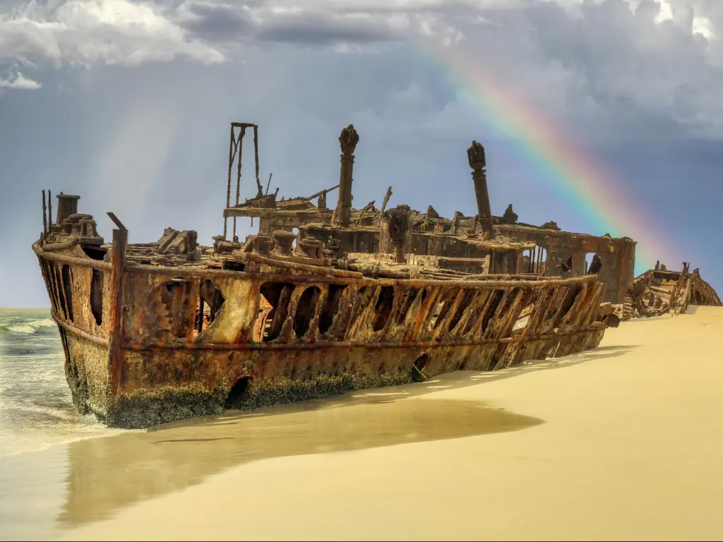 The Maheno was washed ashore on to Fraser Island by a cyclone in 1935 where the disintegrating wreck remains as a popular tourist attraction