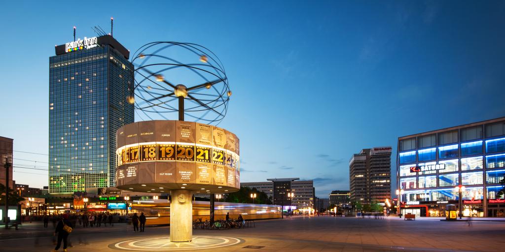 World clock lit up in Alexanderplatz in Berlin