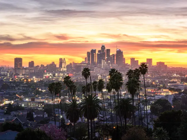 Los Angeles, California, USA with the downtown skyline at sunset and palm trees in the foreground. 