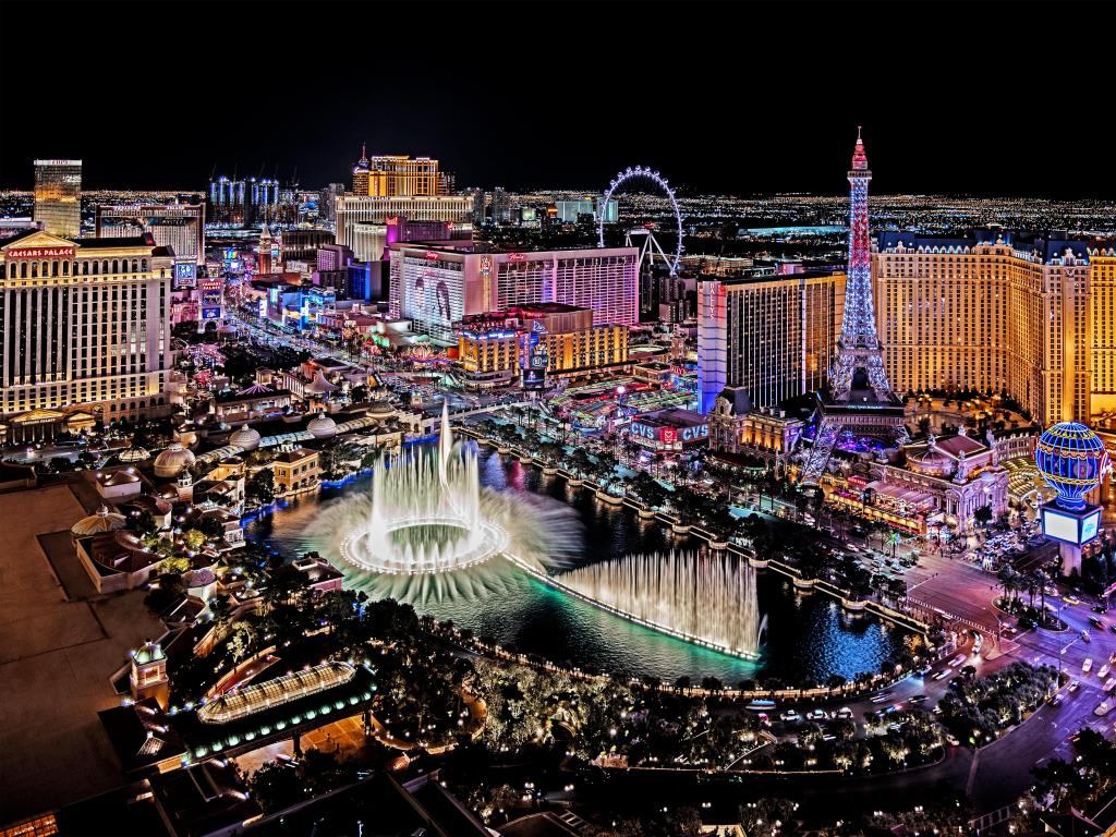 Las Vegas, Nevada, Panoramic view of the Las Vegas Strip at night.