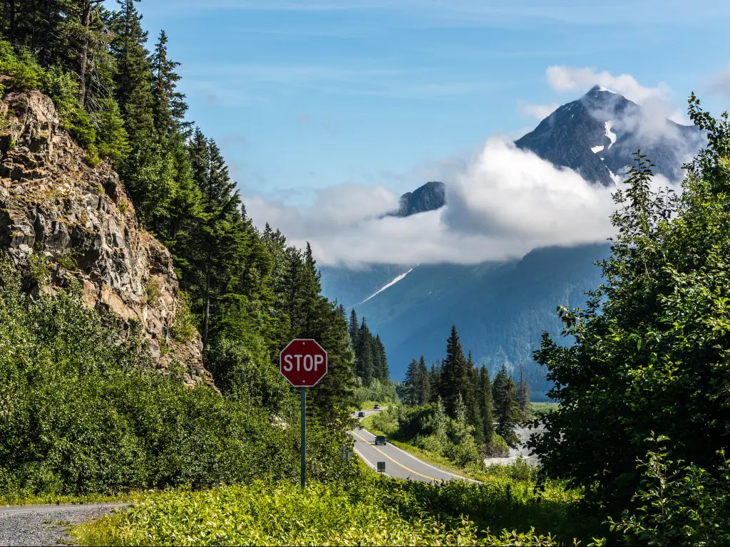 Winding road running between mountains and trees next to the Resurrection River near Seward, Alaska