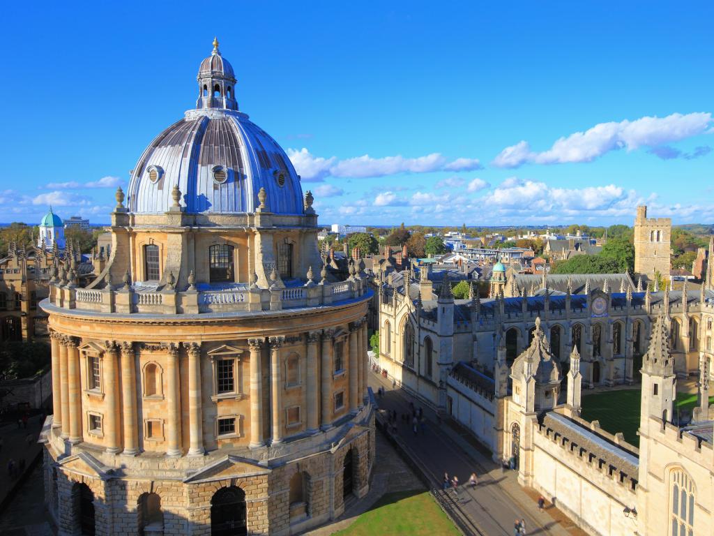 Oxford, Oxfordshire with a view of the Oxford University City, taken in the top of tower in St Marys Church. All Souls College, United Kingdom, England