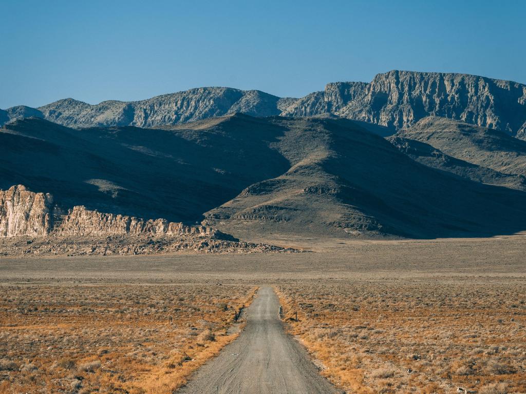 Desert landscape with mountains, on US Route 50