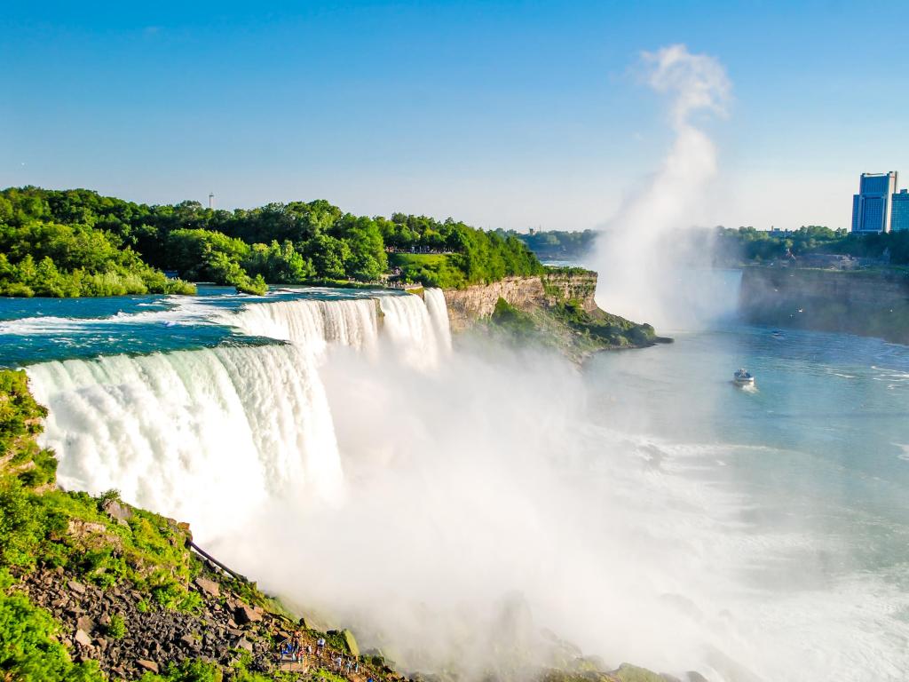 Niagara Falls, USA with a beautiful panorama view of the falls taken on a sunny day.