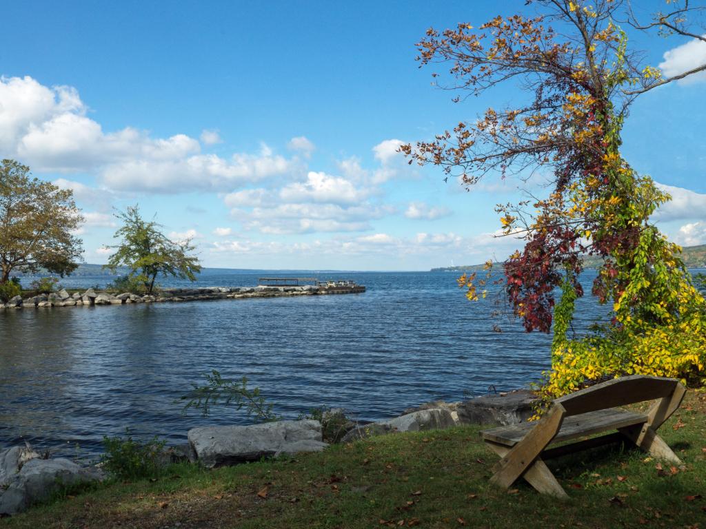 View of bench overlooking lake front, with surrounding woodland either side of the waters, Cayuga Lake