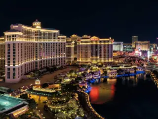 Las Vegas, Nevada, USA with a panorama wide angle view of the Las Vegas Strip and city skyline at night.