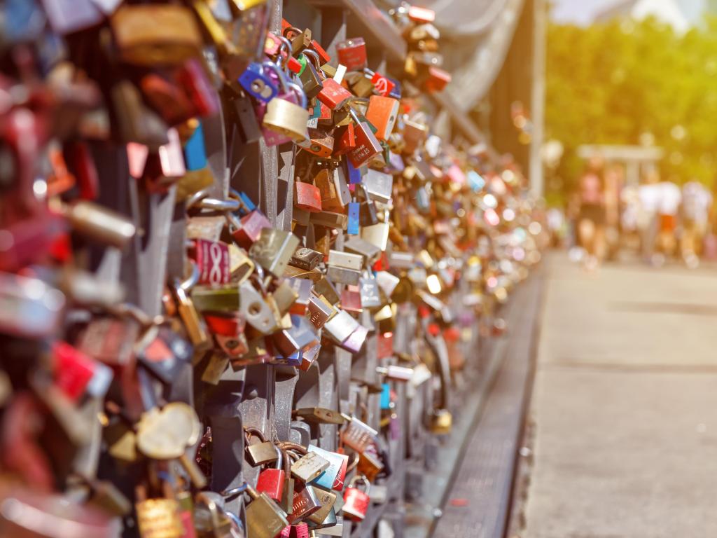 Frankfurt love locks on Eiserner Steg bridge symbol in Germany