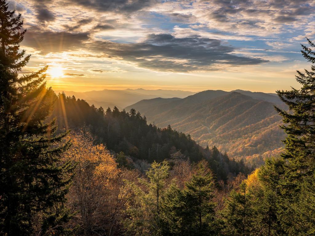 Autumn sunrise over Newfound Gap overlook in the Great Smoky Mountains