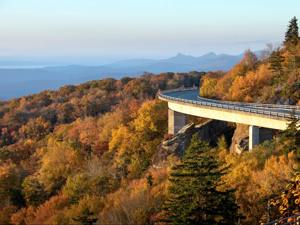 Blue Ridge Parkway, USA at the Lynn Cove Viaduct on the North Carolina Blue Ridge Parkway displayed in peak fall leaf color.