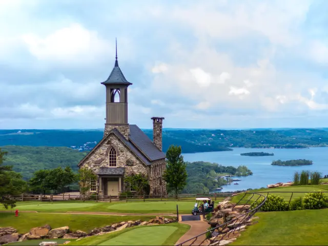 Branson, Missouri, USA with a view of the stone church at top of the rock overlooking the city.