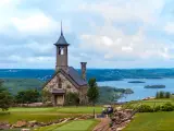 Branson, Missouri, USA with a view of the stone church at top of the rock overlooking the city.