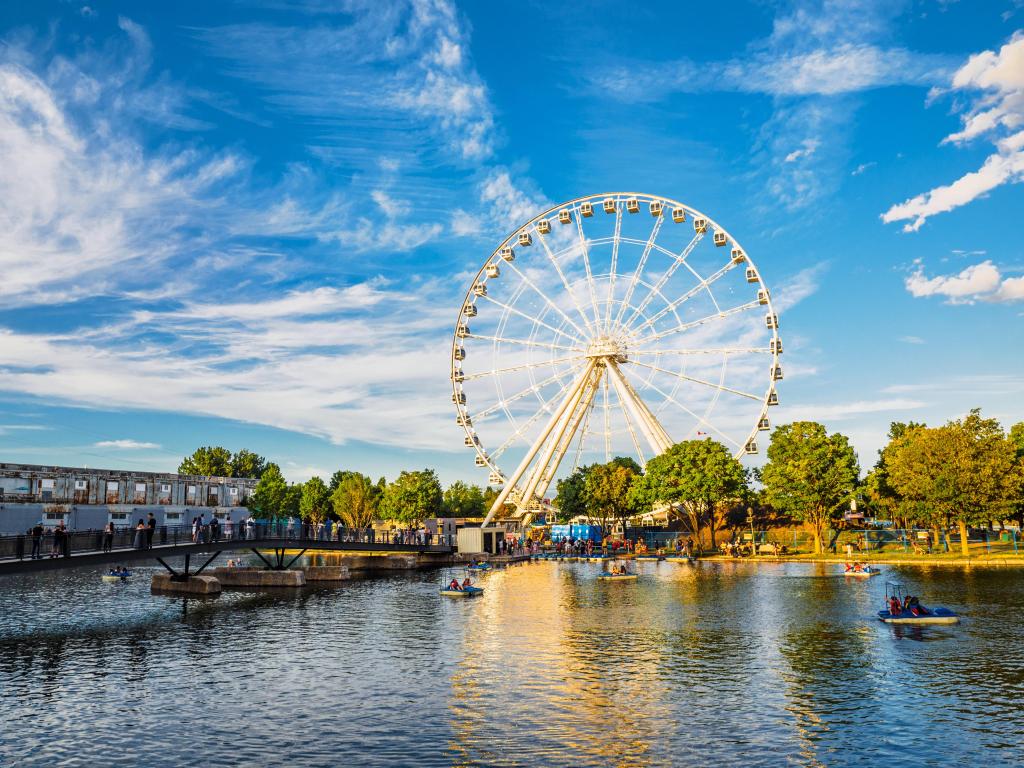 Beautiful view of the Big Ferris Wheel at the Old Port of Montreal