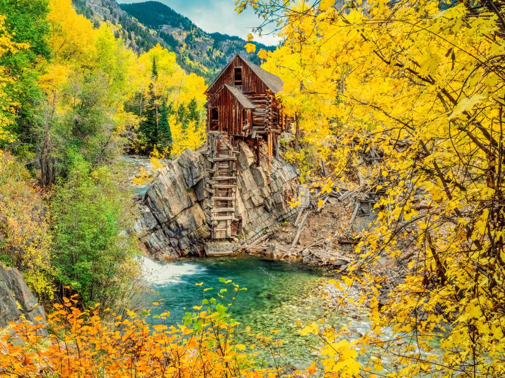Gunnison National Forest, Colorado, USA taken at the abandoned Crystal Mill also known as Dead Horse Mill is in the Gunnison National Forest. Crystal River flows next to the mill and drops into a pool.