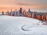 Chicago aerial view Polar Vortex lake Michigan top view