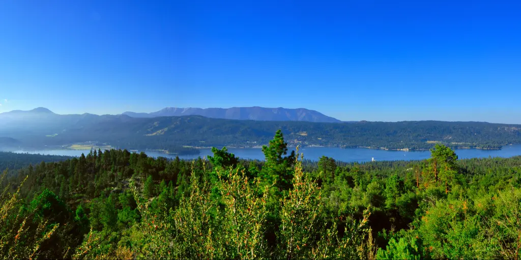 A stunning vista of Big Bear Lake from the forest skyline