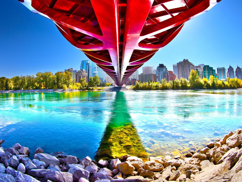 View from under the Peace Bridge across turquoise waters to Calgary on a sunny day