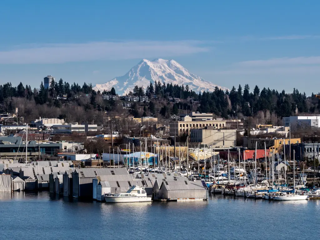 Waterfront of Olympia with boats docked on the marina, Mt Rainier in the background