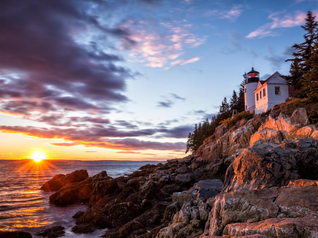 Bass Harbor lighthouse at sunset in Acadia National Park, Maine USA