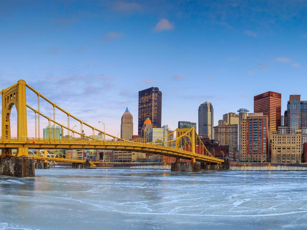 Panorama of downtown Pittsburgh at twilight, with skyscrapers and bridges across the waterfront