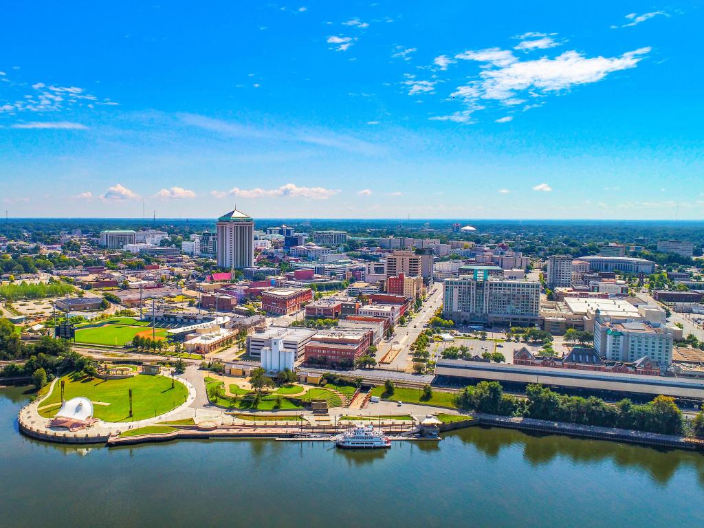 Montgomery Alabama Riverfront Park Skyline Aerial on a sunny day.