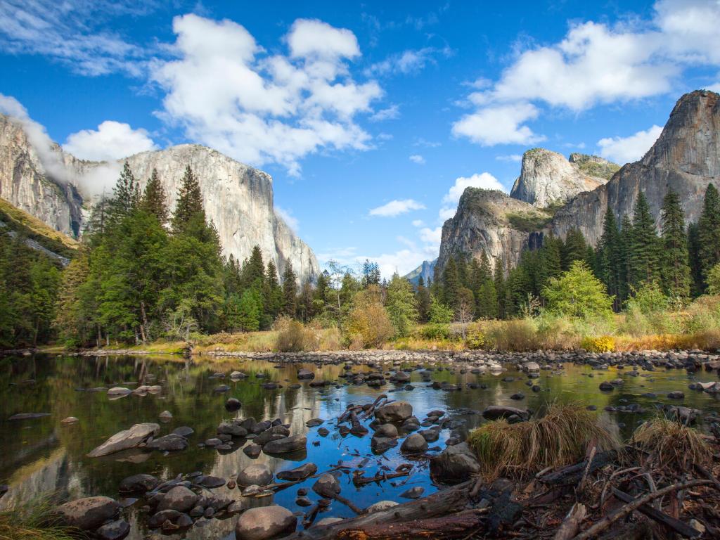 Yosemite National Park, California, USA with a view of Yosemite Valley from Merced River.