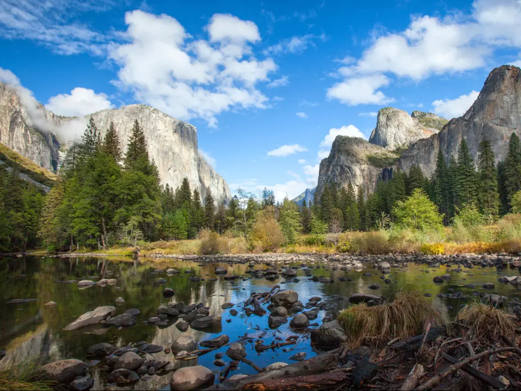 Yosemite National Park, California, USA with a view of Yosemite Valley from Merced River.