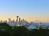 Seattle, Washington State, USA with a view of Space Needle and Seattle skyline at sunrise from Kerry Park.