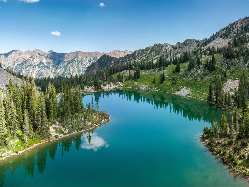 The photo depicts a beautiful alpine lake with blue waters surrounded by tall trees in the Wasatch Mountains on a clear day with only a few clouds in sight.