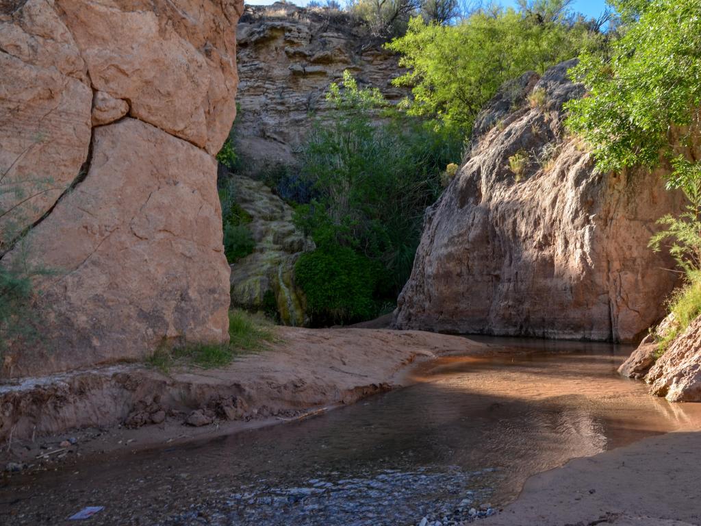 Sandy banks of Virgin River in Arizona with sandstone-colored cliffs surrounding the river