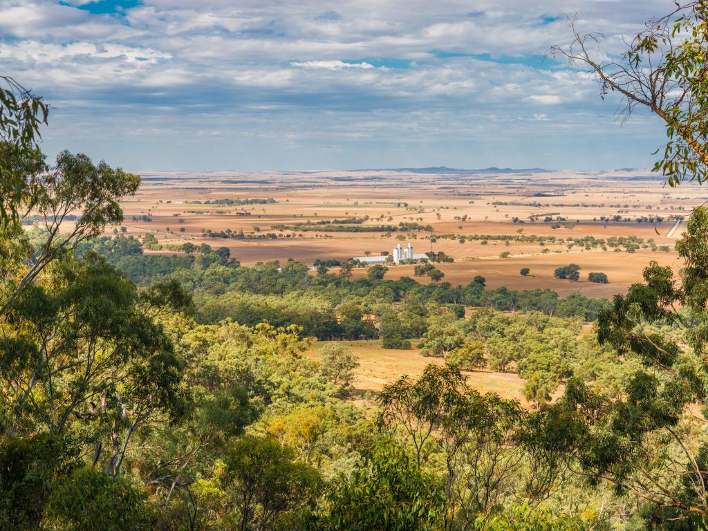 Mount Remarkable National Park, Australia with a high view from Mount Remarkable Walking Trail looking out on the Australian farming landscape on a sunny day.