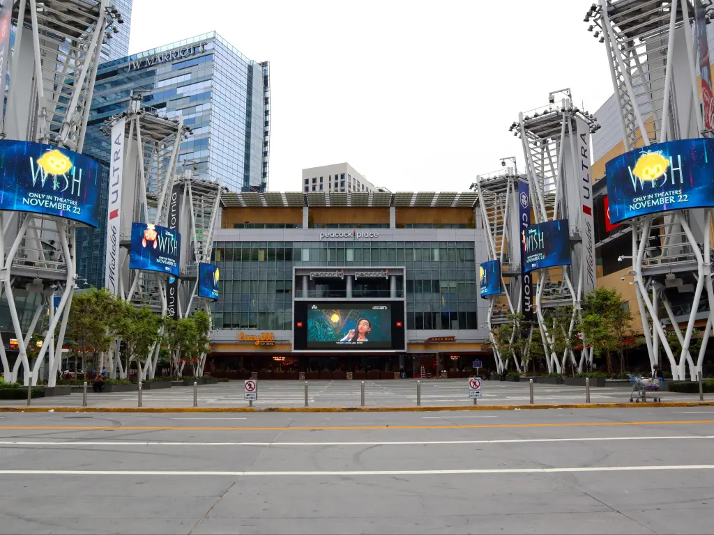 Peacock Place building with billboards at L.A. Live located in the center of entertainment district