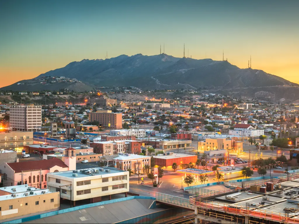 El Paso, Texas, USA downtown city skyline towards Scenic Drive Overlook at dawn.