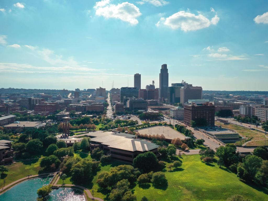 Omaha, Nebraska, USA with an aerial view of the downtown Omaha skyline.