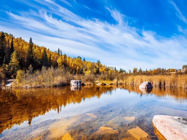 Beautiful autumn view by the lake, with the reflection of auburn colored trees on calm water