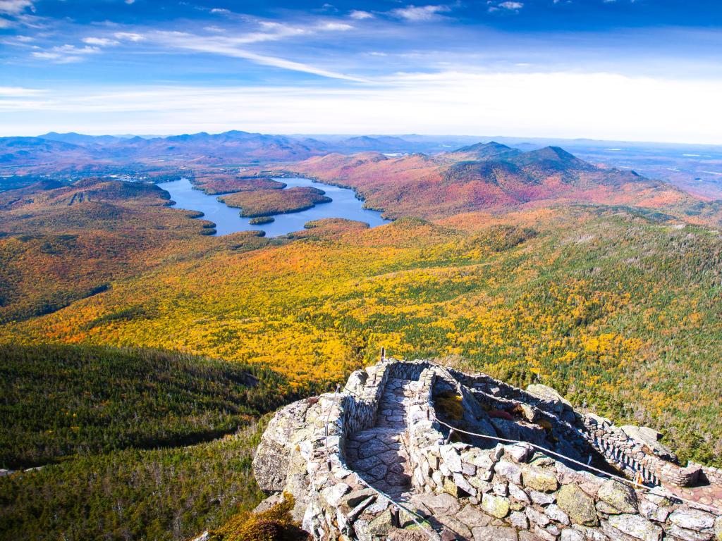 A view of Lake Placid on a sunny autumn day as seen by looking south west from the summit of Whiteface Mountain in Adirondack National Park, Upper New York