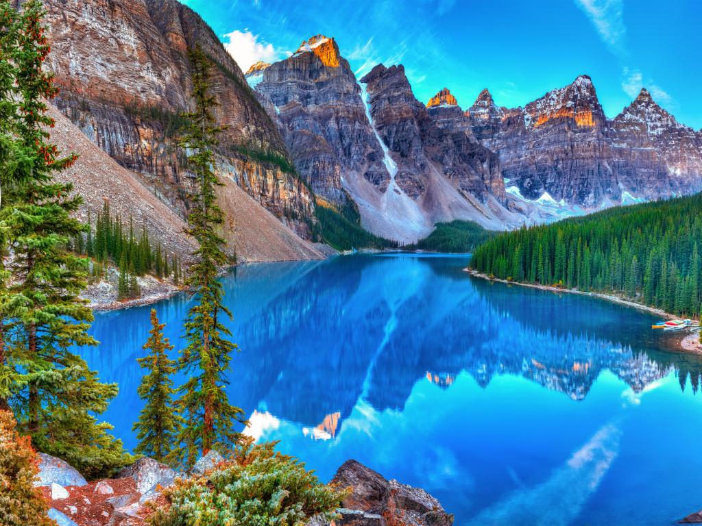 Moraine Lake sunrise in Banff National Park on a clear day