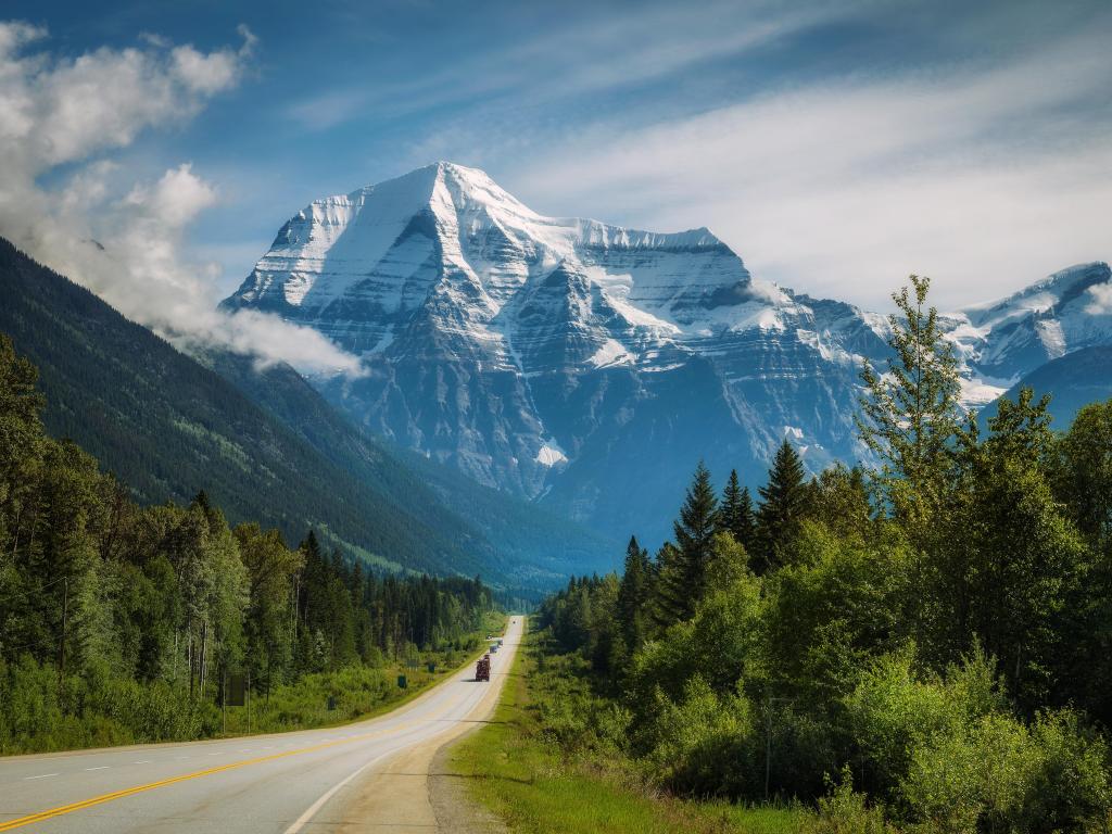 Mt. Robson Provincial Park, Canada with a view of the scenic Yellowhead Highway in Mt. Robson Provincial Park with Mount Robson in the background.