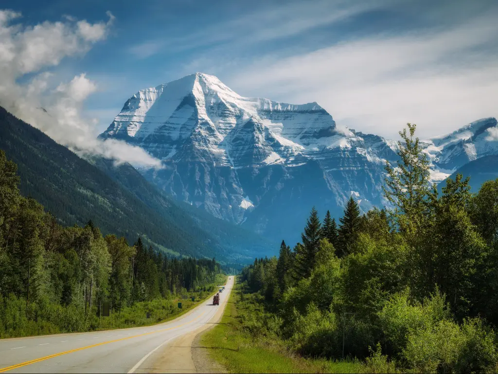 Mt. Robson Provincial Park, Canada with a view of the scenic Yellowhead Highway in Mt. Robson Provincial Park with Mount Robson in the background.