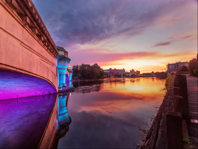 With a view the River Lights on the St Joseph River, South Bend, Indiana taken at sunset.