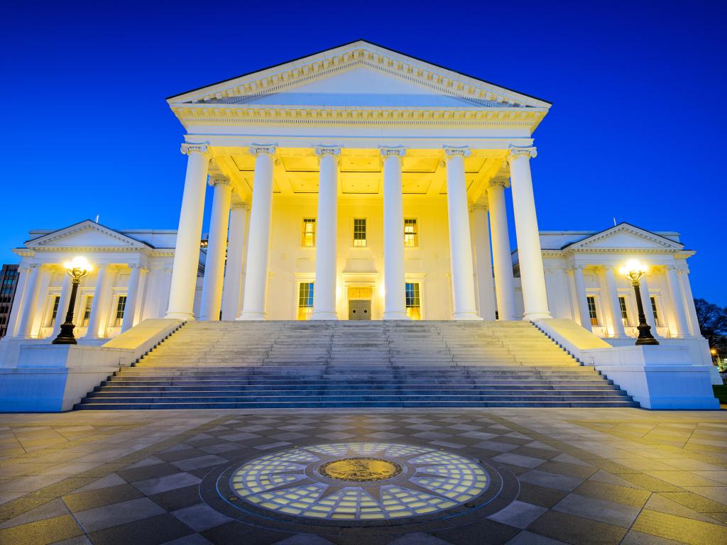 Illuminated Virginia State Capitol during sunset, found in Richmond, Virginia, USA
