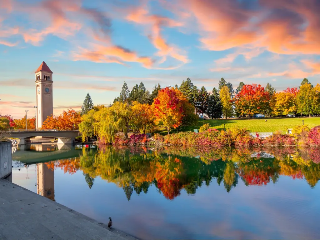 Beautiful autumn foliage of orange, yellow and red, reflected in a lake in one of the waterfront parks in Spokane, Washington