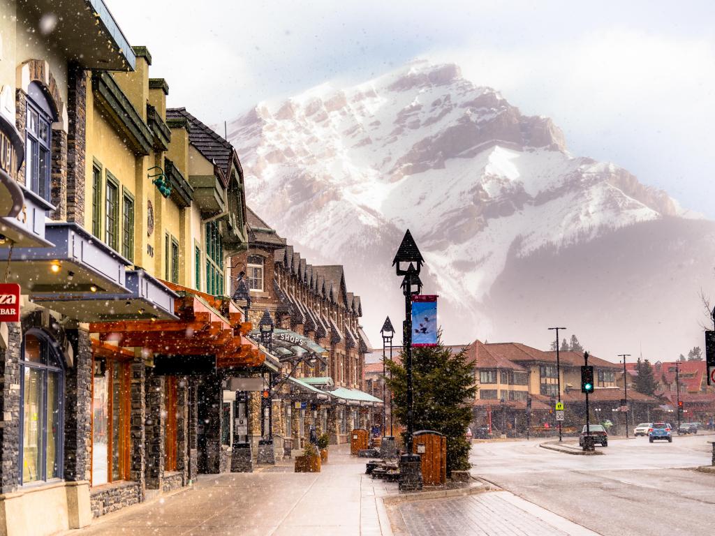 Banff city, Canada View of a busy street at Banff city Canada during transition season from winter to snow.