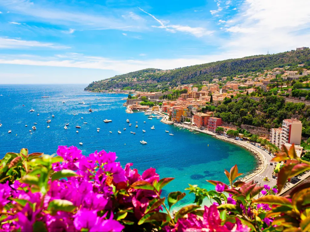 Beautiful beach in French Riviera, France, during summer with beautiful purple flowers in the foreground