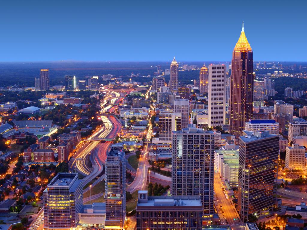 Skyline of downtown Atlanta, Georgia, USA at night.