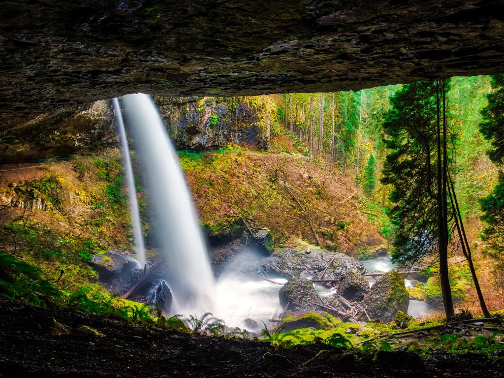  Silver Falls State Park, Oregon, USA taken under the North Falls Cave with a waterfall in the distance and trees and rocks surrounding it.
